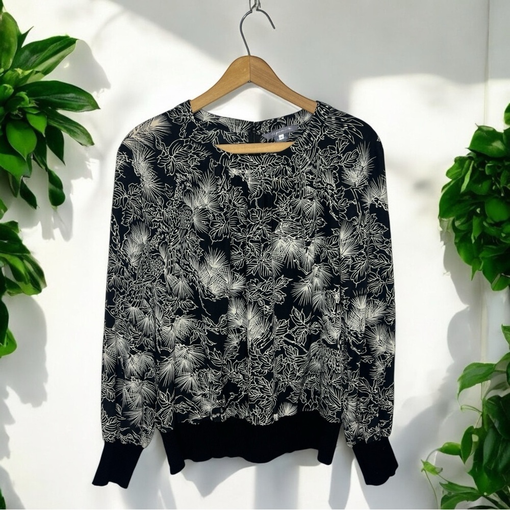 Tegan Silk Blend Blouse Black White Botanical Print Elegant Top Size 4